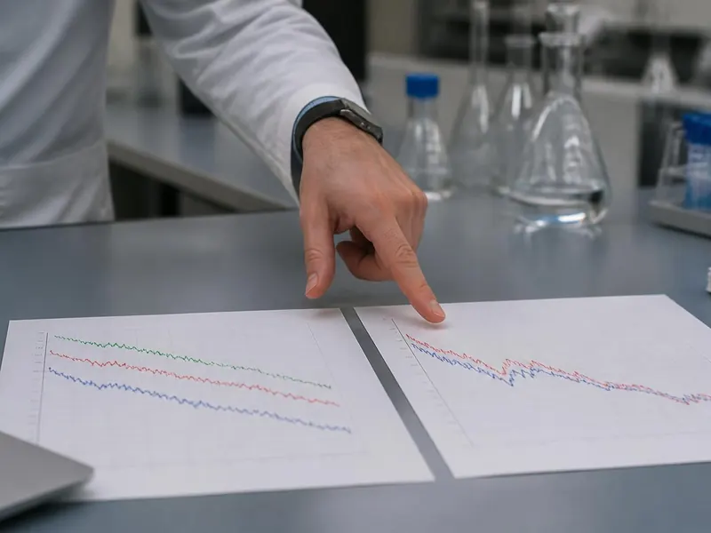 A scientist pointing between two sets of study results on a laboratory table