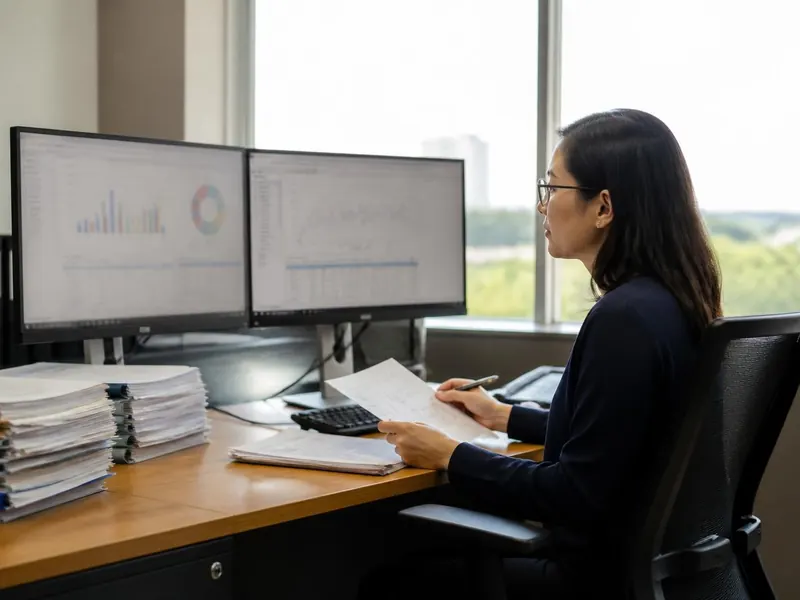 A regulatory scientist comparing EU and US pesticide documents at a desk