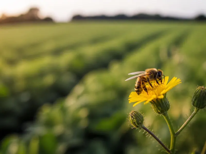 A honey bee on a yellow wildflower at the edge of a crop field