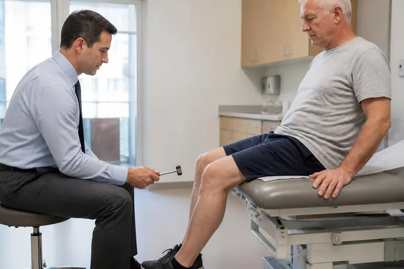 A physician testing a patient's knee reflex during a neurological exam for the effects of pesticides on human health