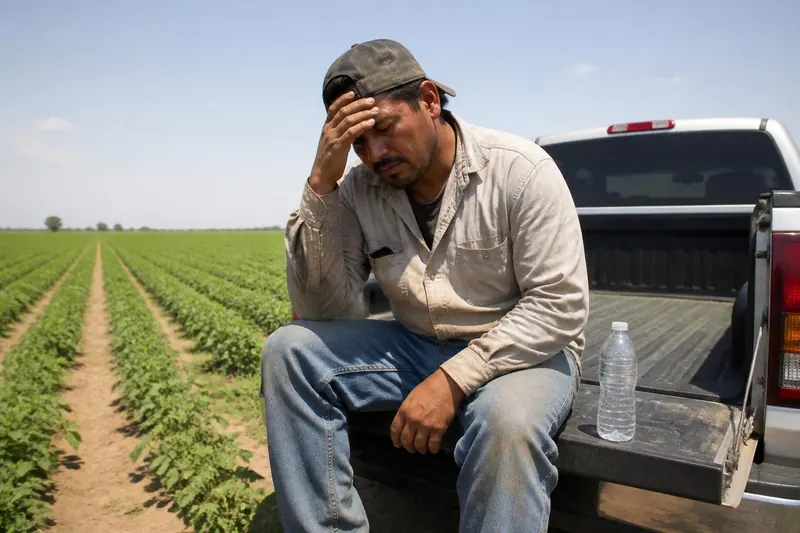 A farmworker sitting on a pickup tailgate at the edge of a field, holding his forehead, showing symptoms of pesticide poisoning