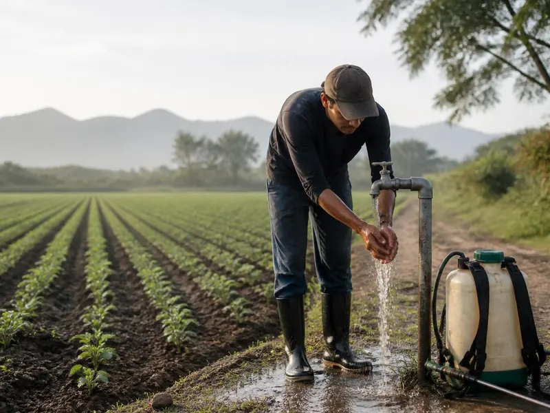 A farm worker washing hands at a tap beside a backpack sprayer at the edge of a field