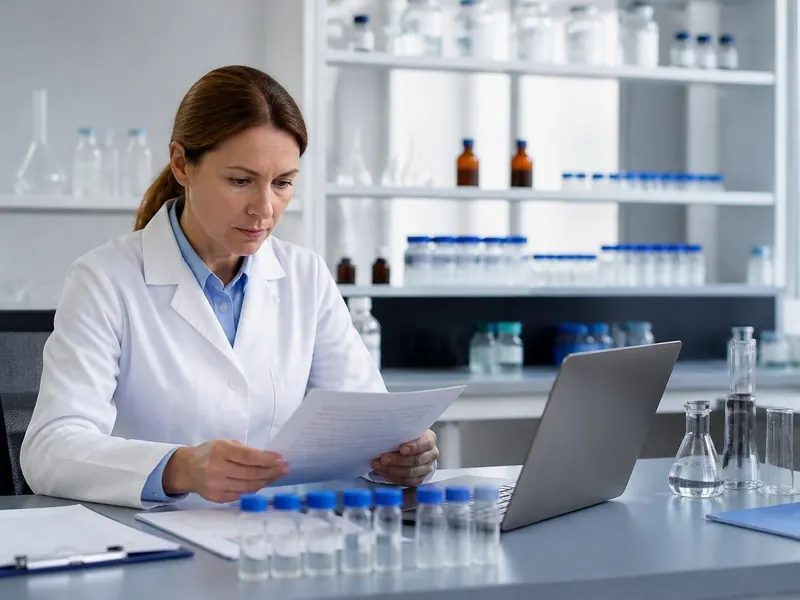 A toxicologist reviewing printed pesticide test results at a laboratory desk