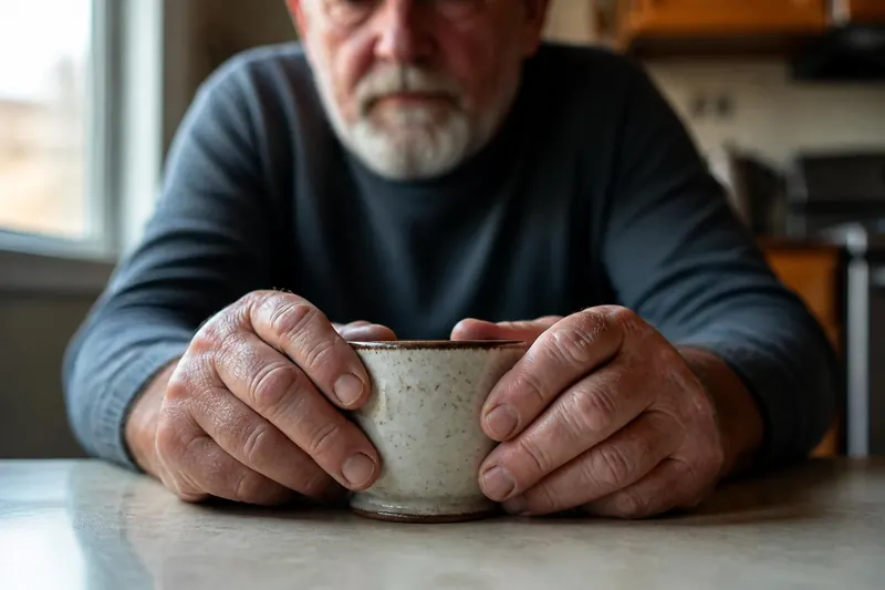 An elderly man's hands holding a teacup on a kitchen table, a reminder of pesticides and Parkinson's disease