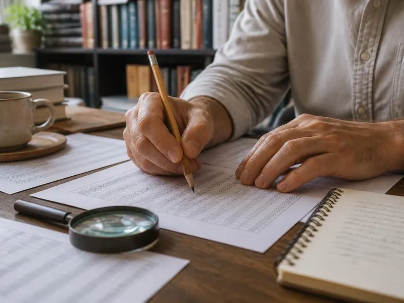 A researcher marking up printed pesticide toxicity study tables with a pencil